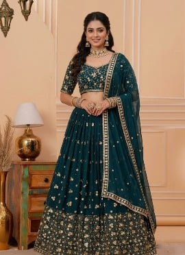 Deep Rama Green Georgette Embroidered Lehenga