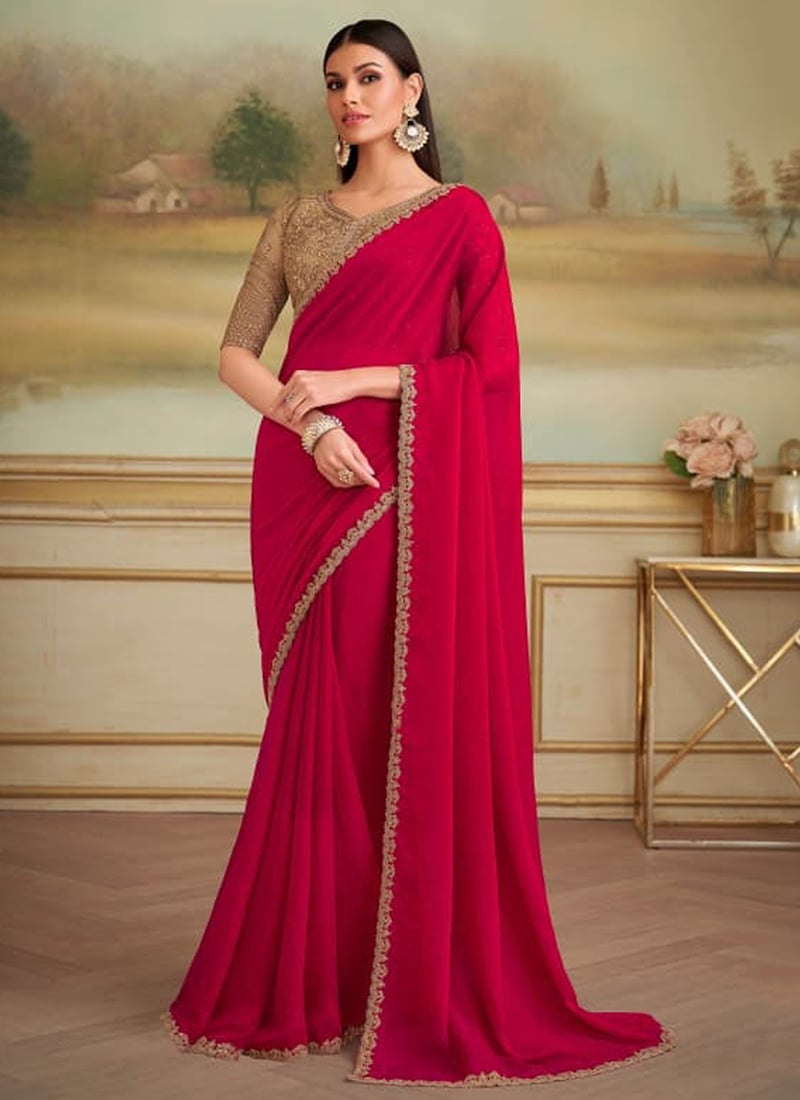 Deep Rani Pink Georgette Embroidered Sequins Saree Festive Wear