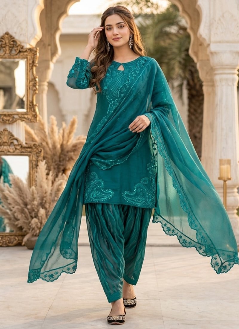 Deep Red Embroidered Sequins Silk Salwar Suit Festive Wear