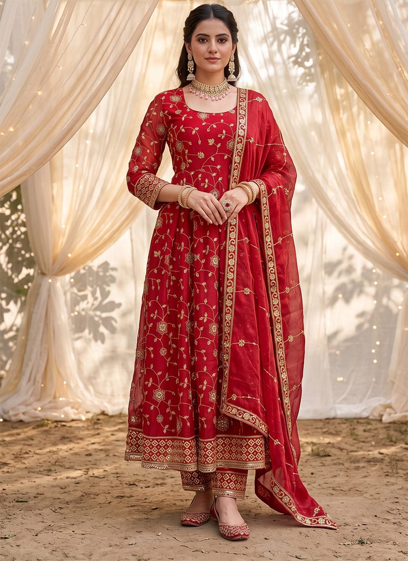 Deep Red Fandy Silk Zari Sequins Anarkali Suit Festive Wear