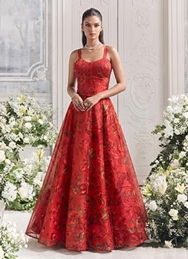 Deep Red Floral Tabby Organza Embroidered Printed Corset Crop Top Skirt Set