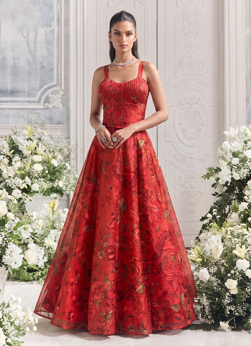 Deep Red Floral Tabby Organza Embroidered Printed Corset Crop Top Skirt Set After Six Wear