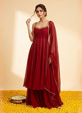 Deep Red Georgette Beads Sequins Hand Embroidered Anarkali Suit