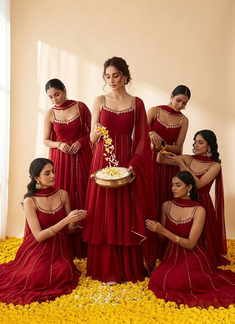 Deep Red Georgette Beads Sequins Hand Embroidered Anarkali Suit Festive Wear