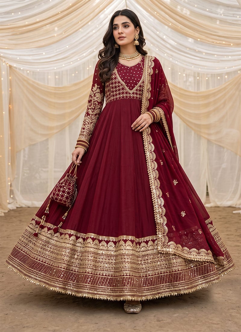 Deep Red Georgette Embroidered Sequins Full Sleeve Flared Anarkali Suit Festive Wear