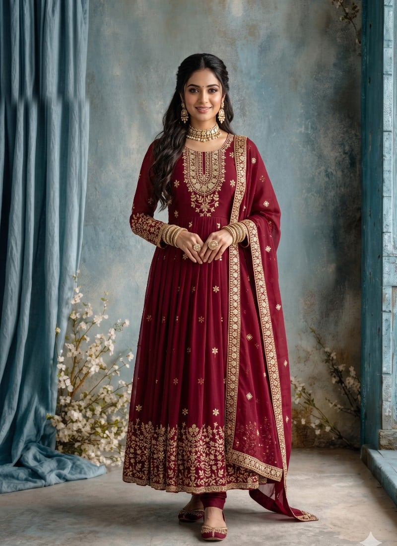 Deep Red Georgette Sequins Embroidered Anarkali Suit After Six Wear