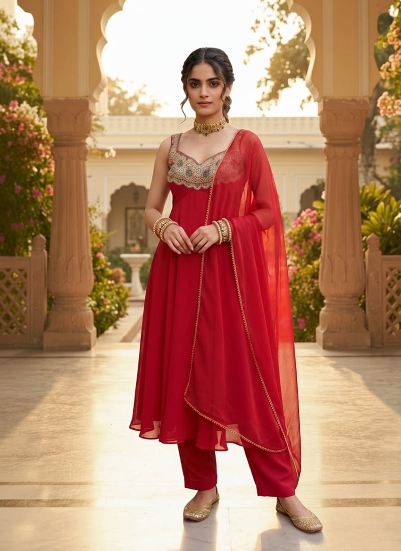 Deep Red Georgette Zari Resham Anarkali Suit Festive Wear
