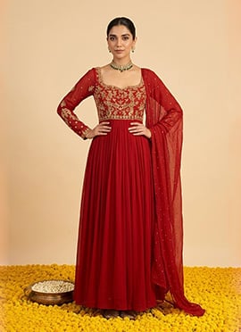 Deep Red Georgette Zari Stone Sequins Anarkali Suit