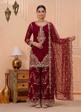 Deep Red Sequins Embroidered Georgette Palazzo Suit