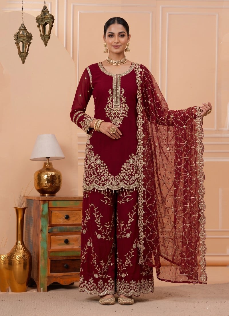 Deep Red Sequins Embroidered Georgette Palazzo Suit After Six Wear