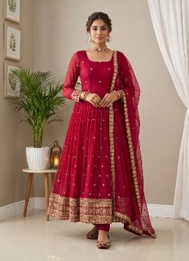 Deep Red Sequins Embroidered Silk Straight Pant Suit