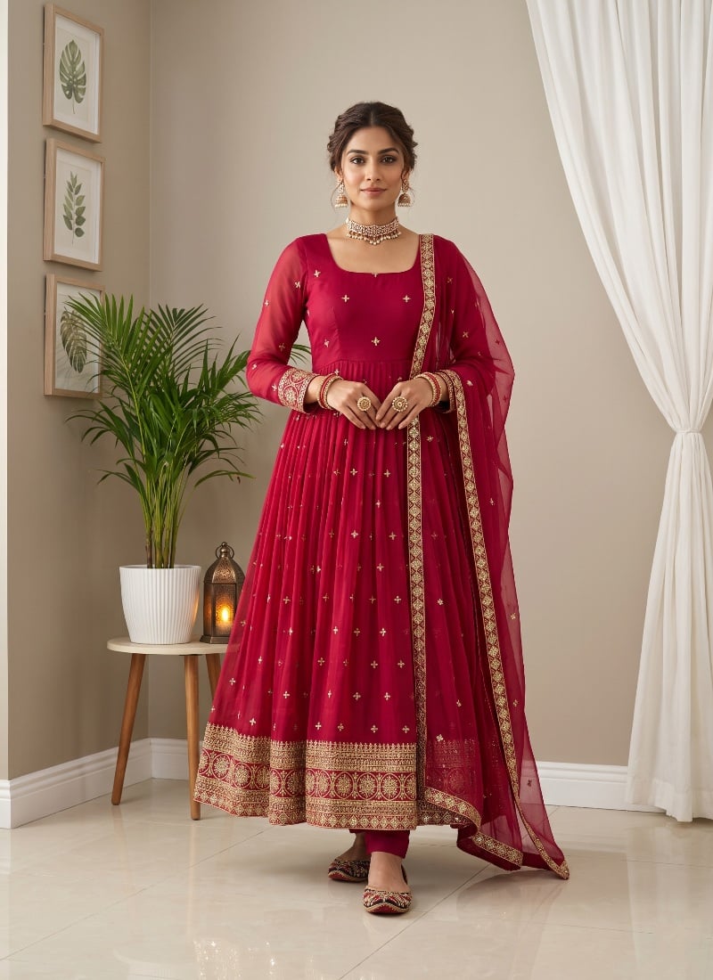 Deep Red Sequins Embroidered Silk Straight Pant Suit After Six Wear