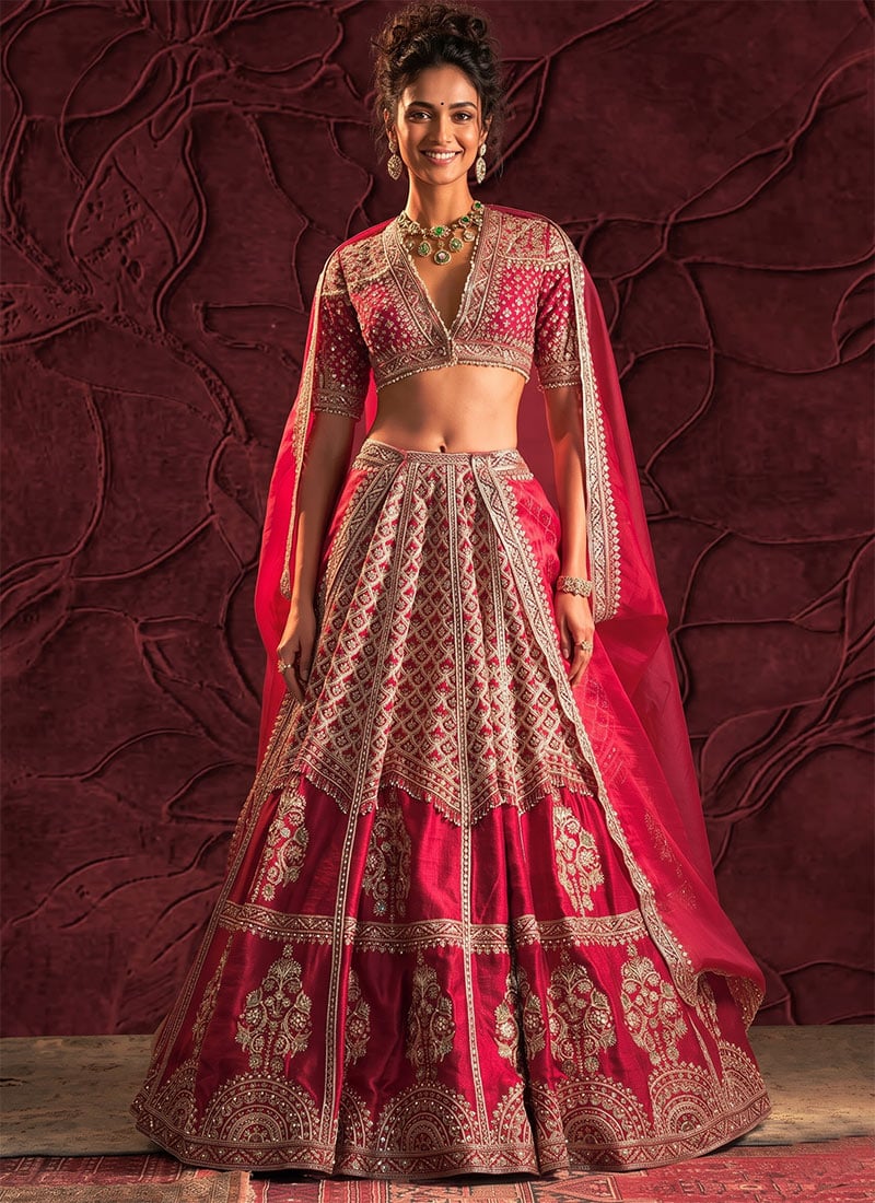 Deep Red Silk Embroidered Lehenga Wedding Wear