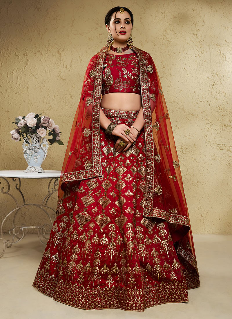 Deep Red Silk Zari Sequins Embroidered Lehenga Wedding Wear