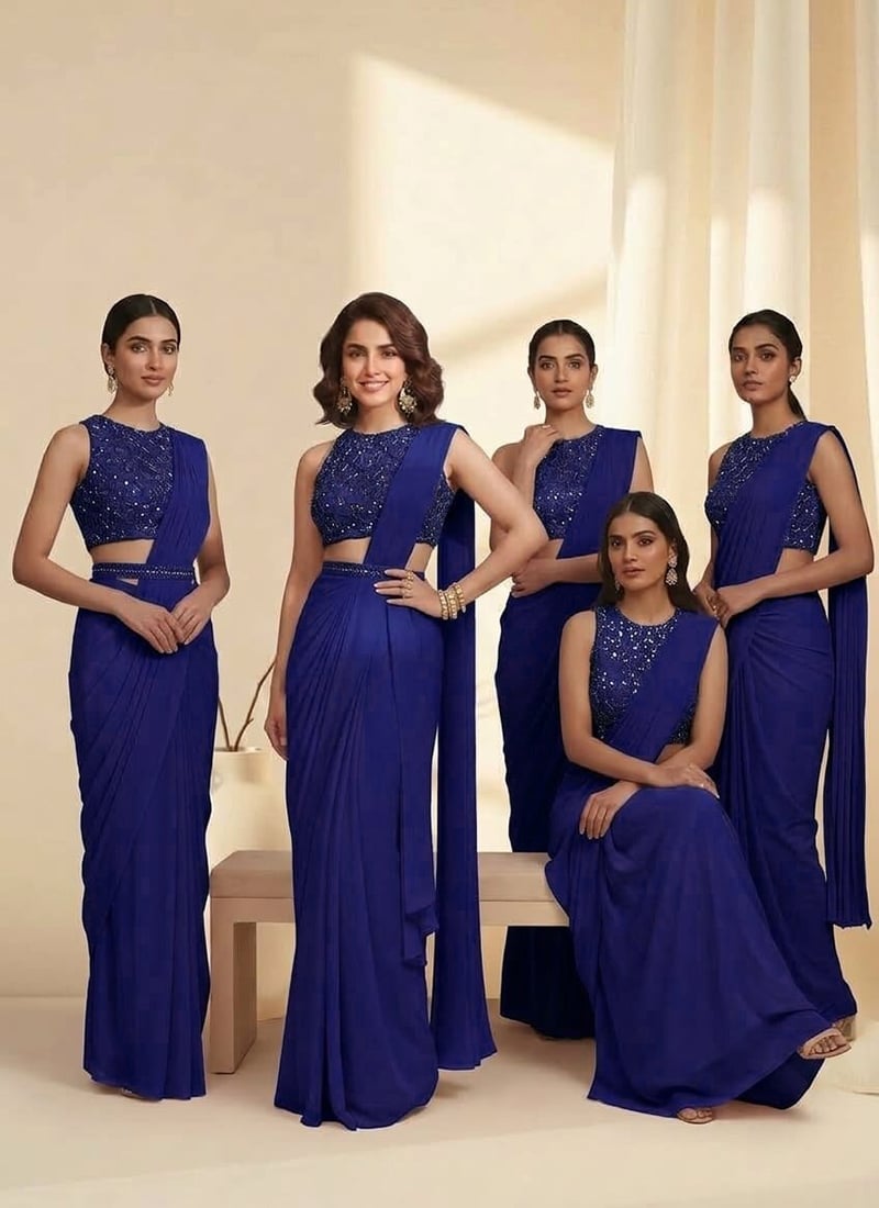 Deep Royal Blue Georgette Beads Sequins Hand Embroidered Pre Draped Saree Festive Wear