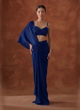 Deep Royal Blue Pre Draped Saree Pleated Satin Saree