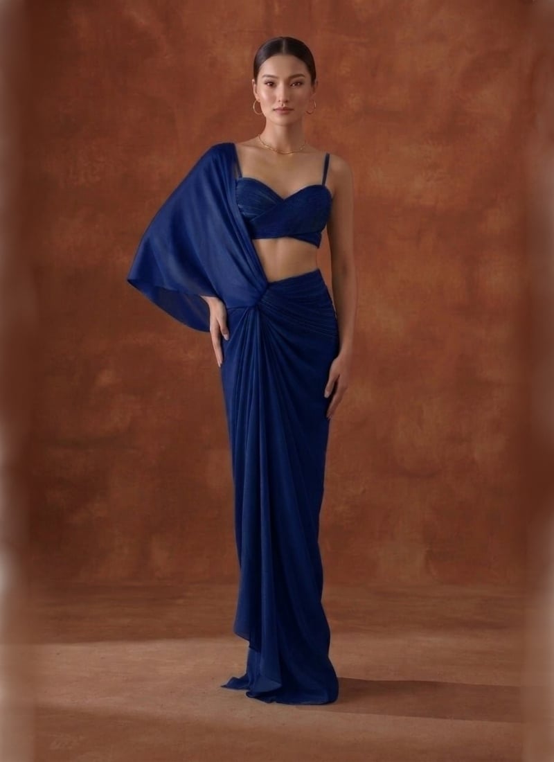 Deep Royal Blue Pre Draped Saree Pleated Satin Saree Wedding Wear