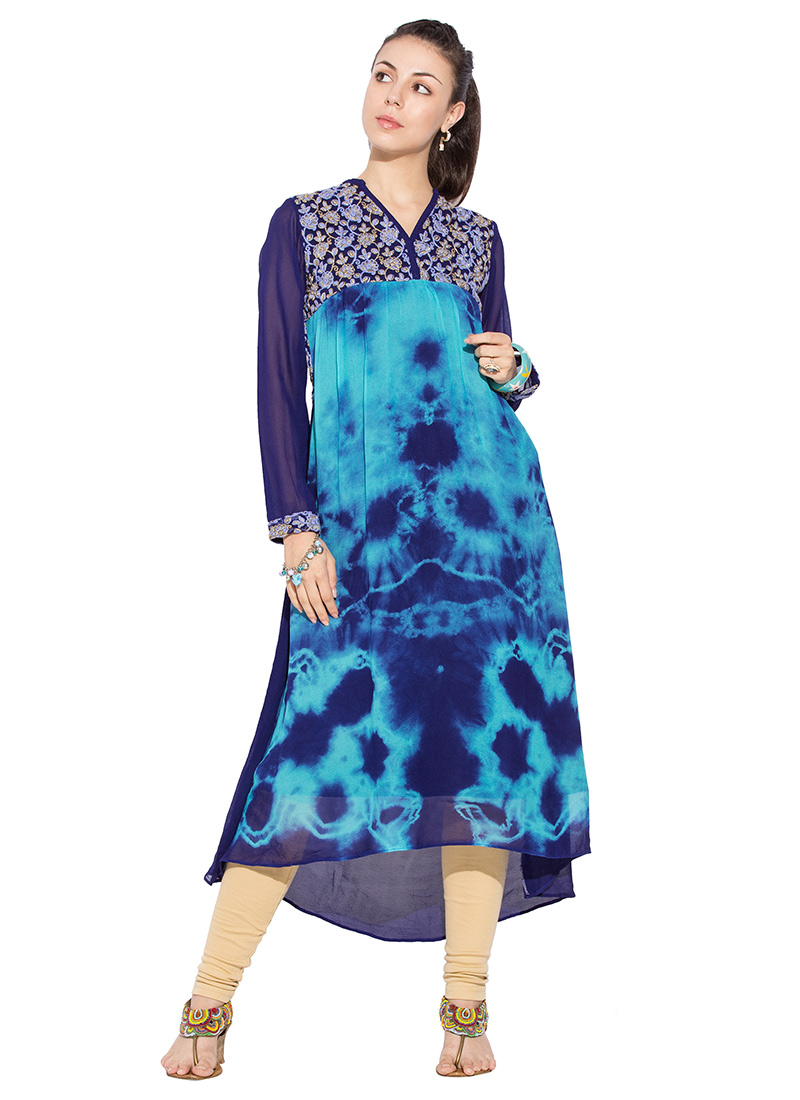 Deep Sky Blue N Dark Blue Georgette Long Kurti After Six Wear