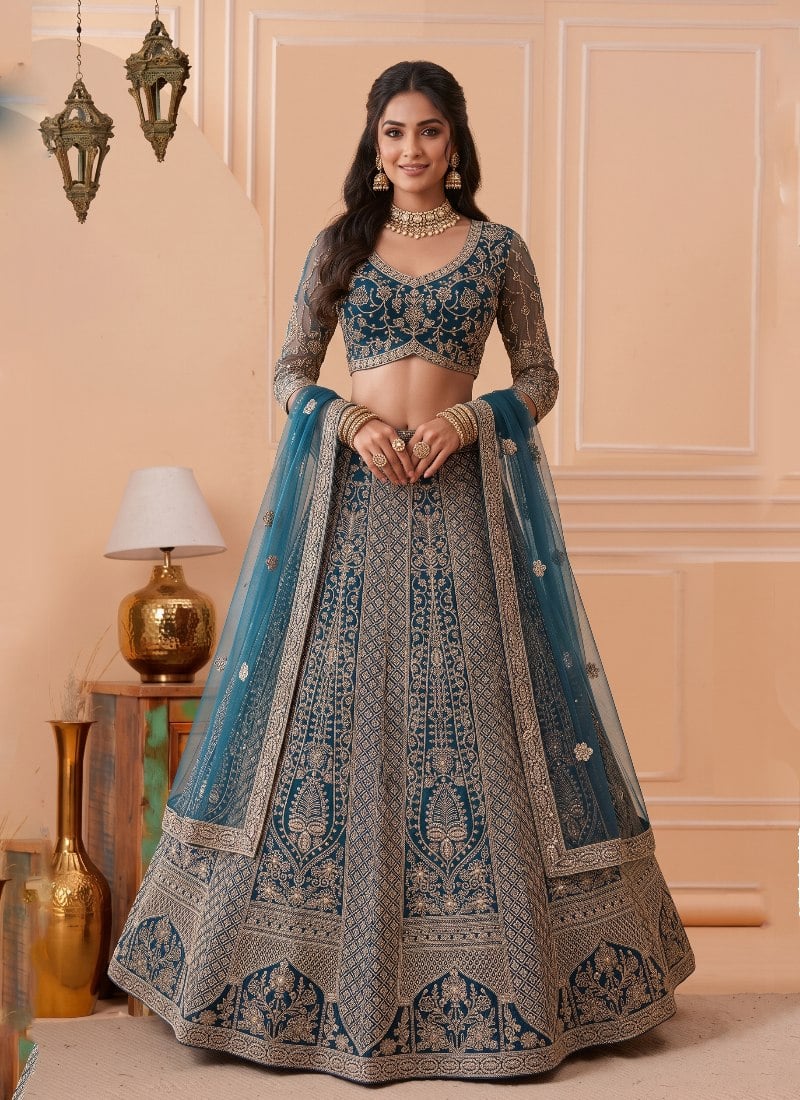Deep Teal Blue Net Sequins Embroidered Lehenga After Six Wear
