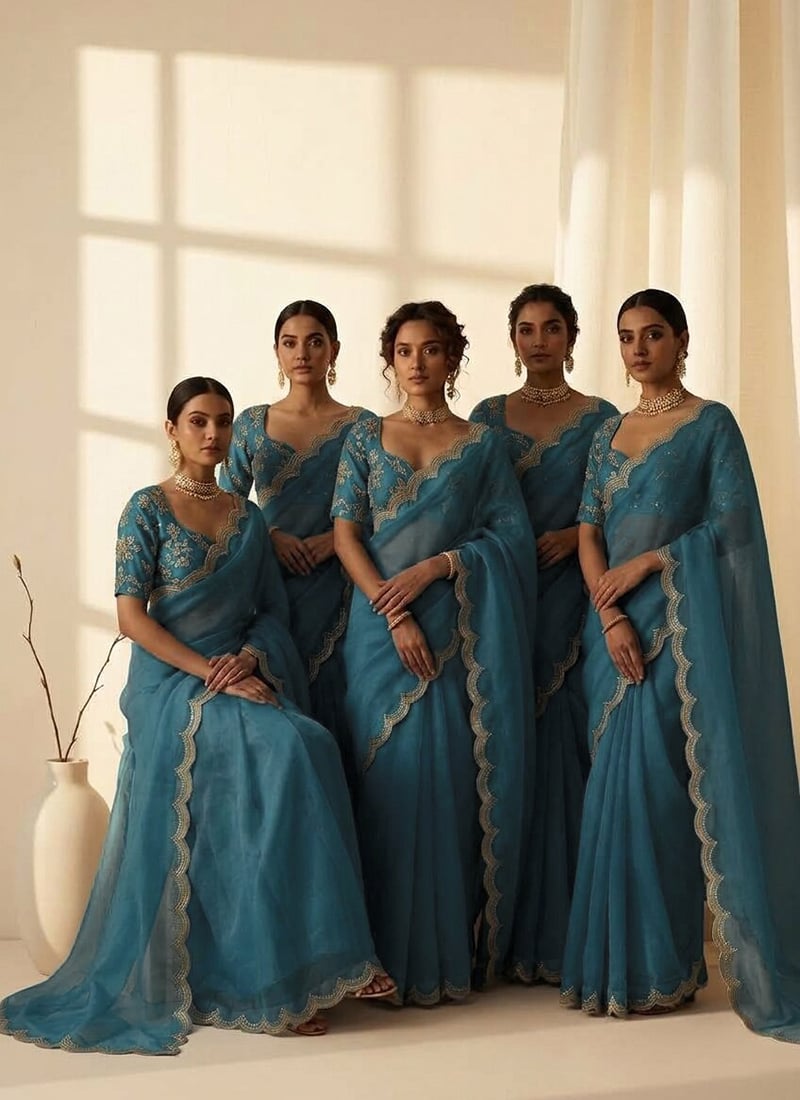 Deep Teal Blue Organza Cutdana Sequins Hand Embroidered Saree After Six Wear