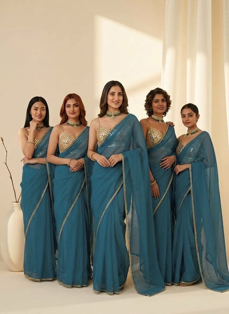 Deep Teal Blue Organza Mirror Zari Hand Embroidered Saree Festive Wear