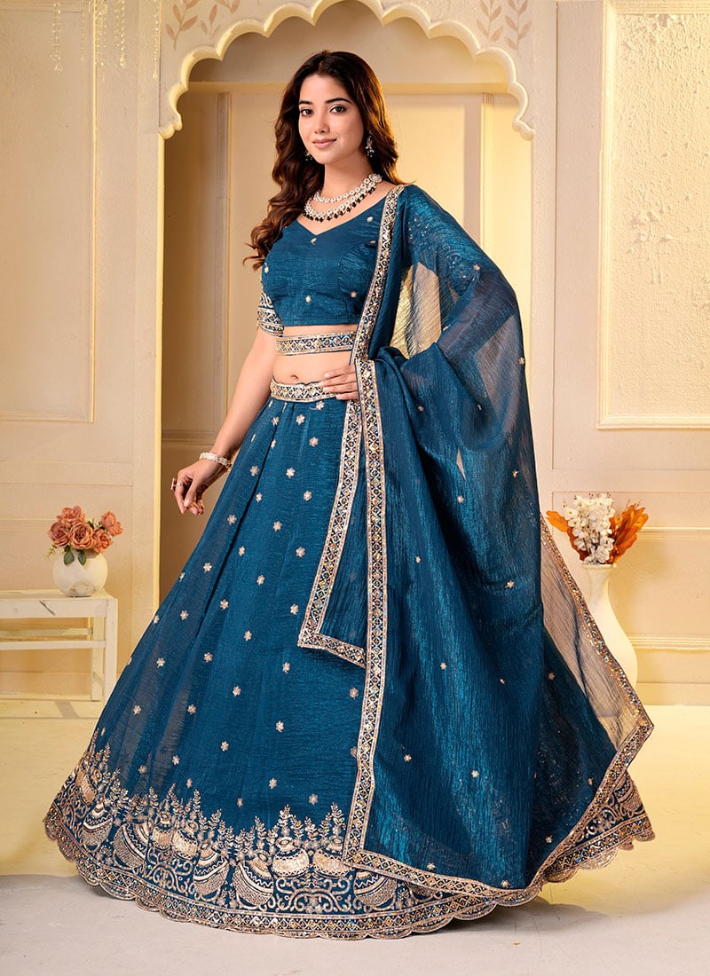 Deep Teal Blue Silk Zari Embroidered Sequins Beads Lehenga Wedding Wear