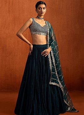 Deep Teal Blue Zari Sequins Embroidered Chinon Silk Lehenga