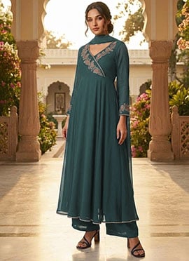 Deep Teal Georgette Zari Sequins Angarkha Style Anarkali Suit