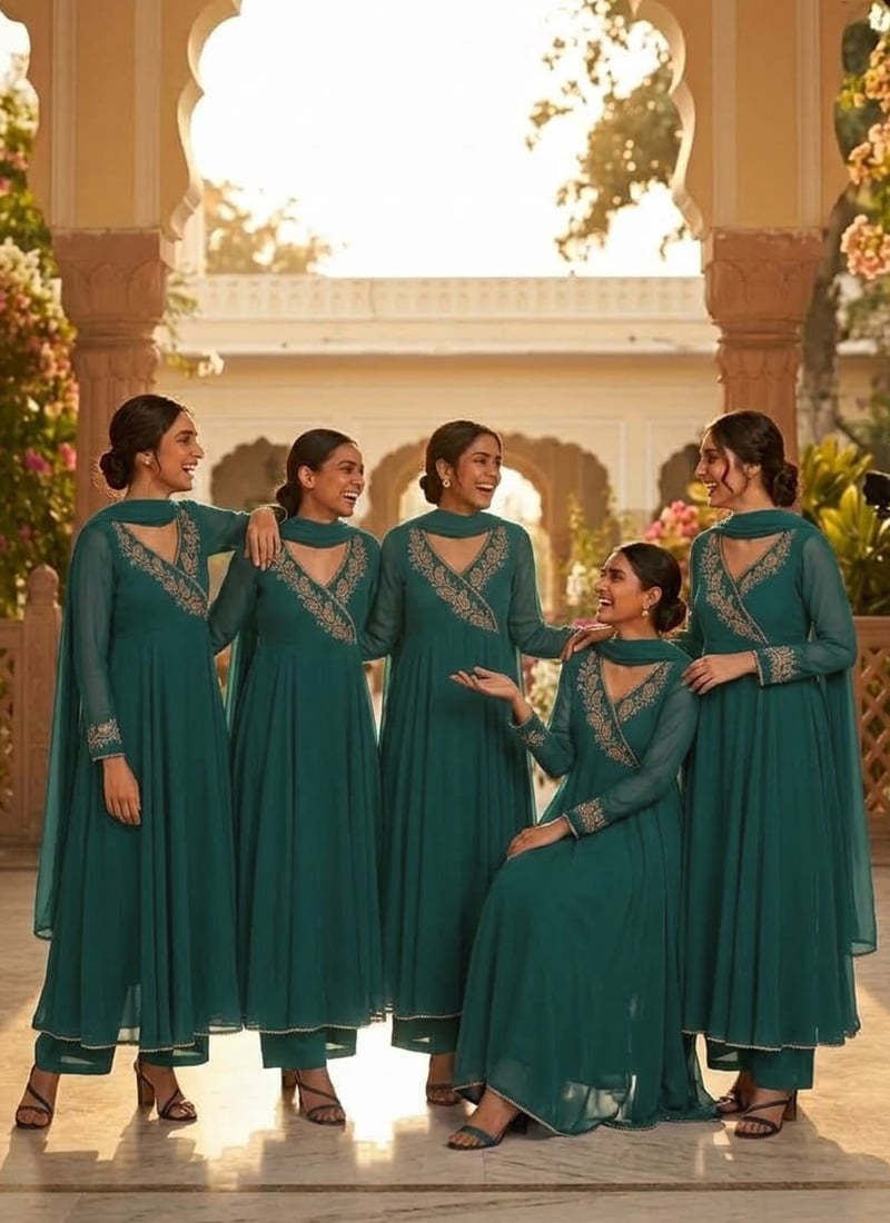 Deep Teal Georgette Zari Sequins Angarkha Style Anarkali Suit Festive Wear