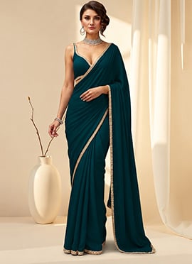 Deep Teal Green Satin Border Saree