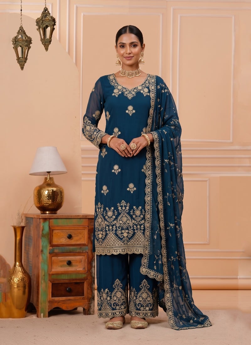 Deep Teal Sequins Embroidered Georgette Palazzo Suit After Six Wear