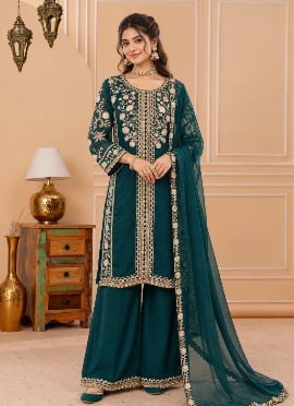 Deep Teal Silk Sequins Embroidered Palazzo Suit