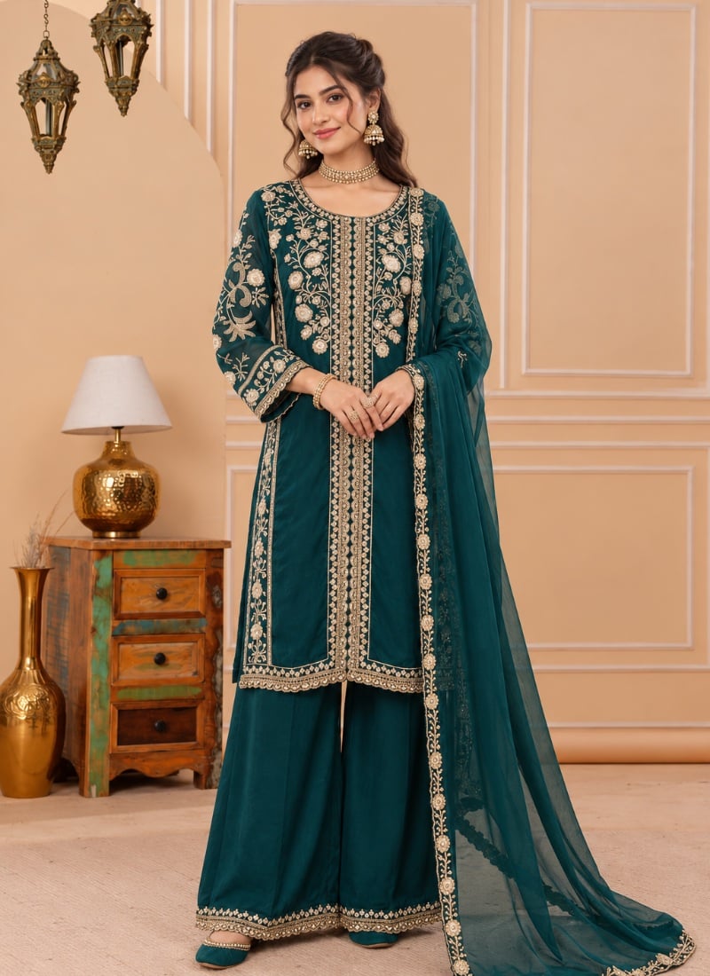 Deep Teal Silk Sequins Embroidered Palazzo Suit After Six Wear