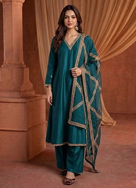 Deep Teal Silk Zari Sequins Palazzo Suit