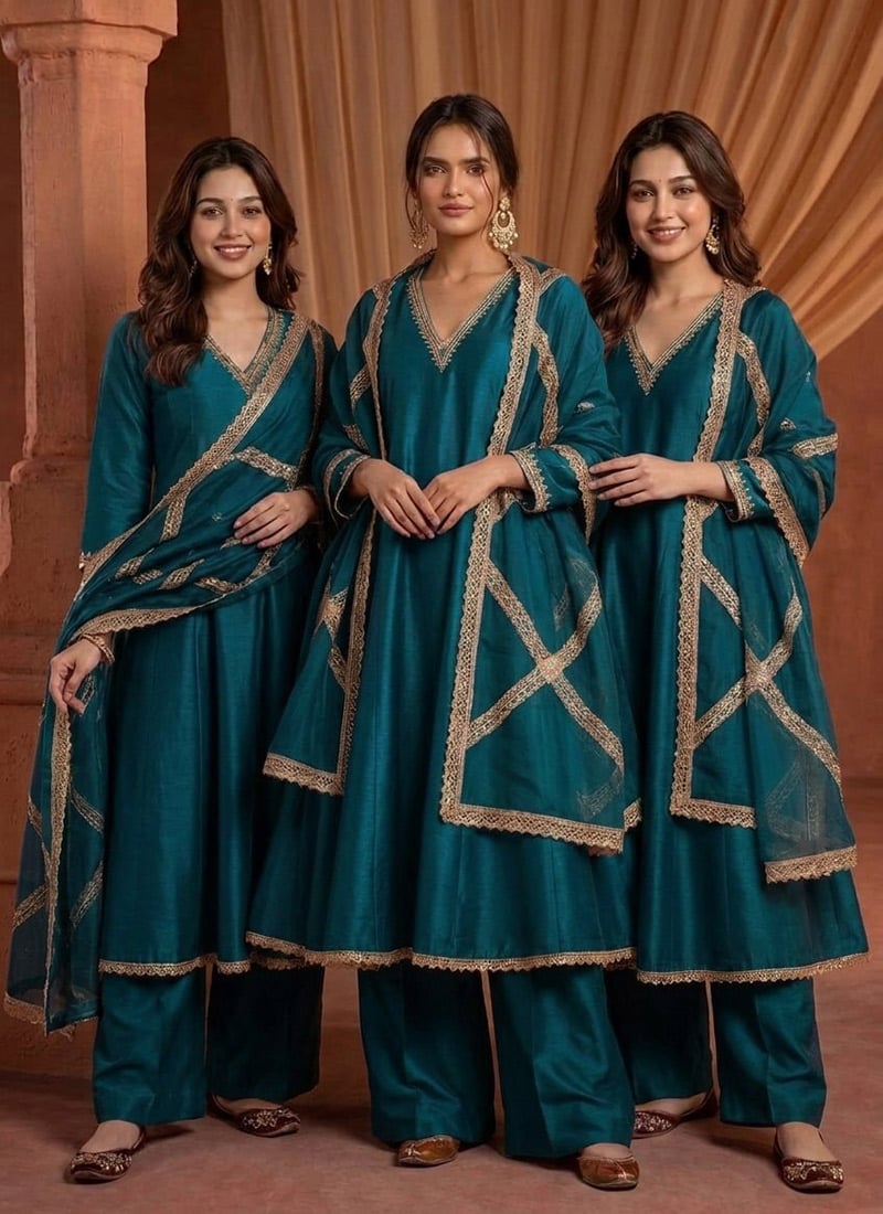 Deep Teal Silk Zari Sequins Palazzo Suit Festive Wear