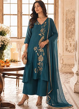 Deep Teal Zari Sequins Embroidered Silk Asymmetric Palazzo Suit