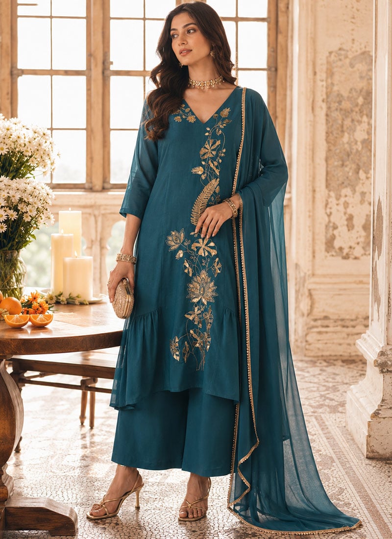 Deep Teal Zari Sequins Embroidered Silk Asymmetric Palazzo Suit After Six Wear