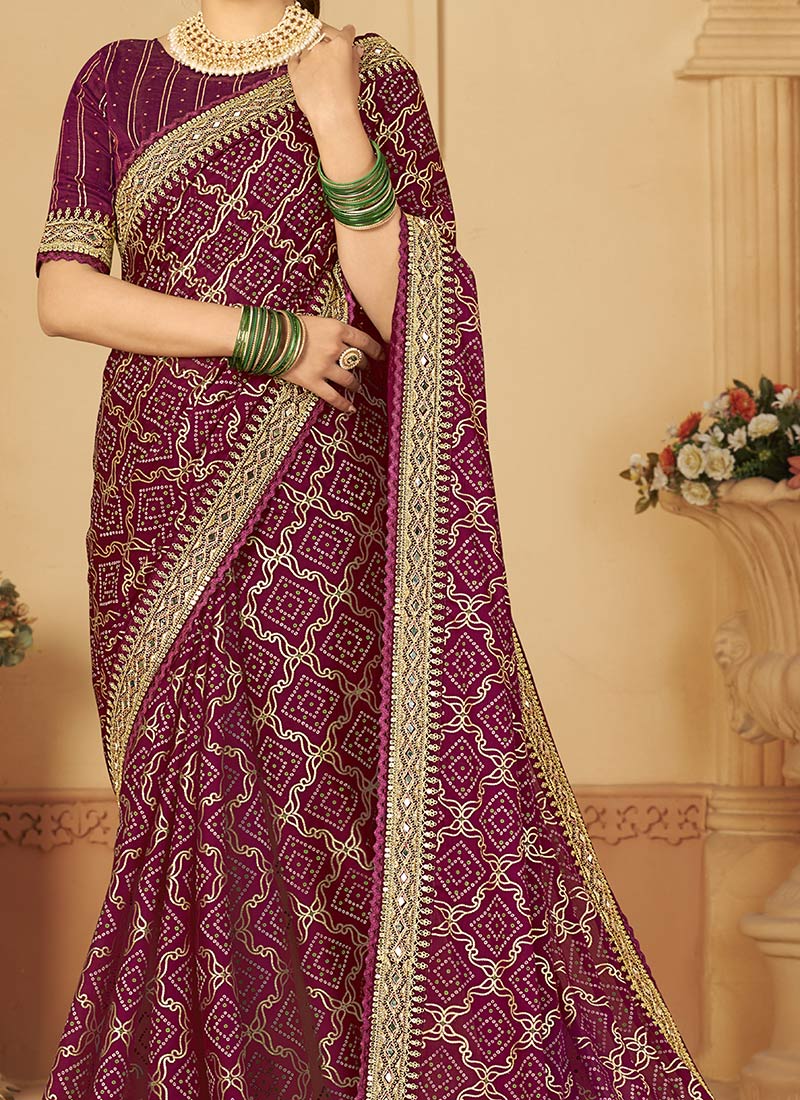 Buy Deep Wine Color Embroidered and Bandhini Print Saree Fabricated