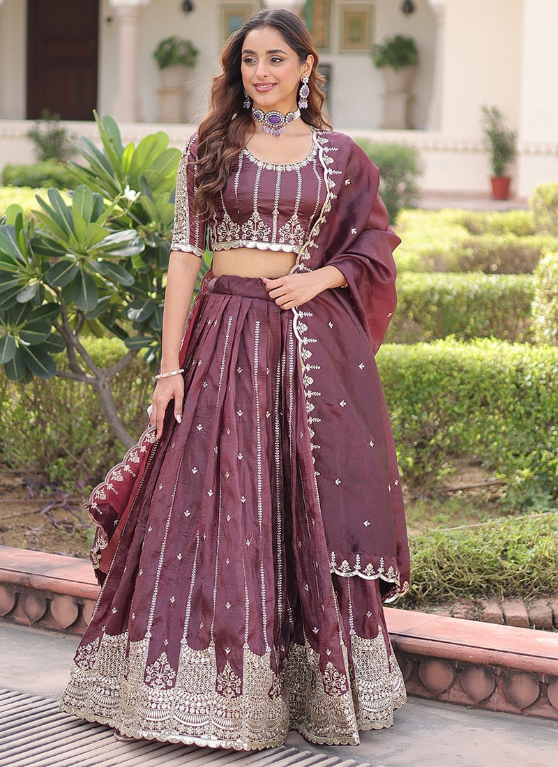 Deep Wine Crush Silk Zari Embroidered Sequins  Lehenga Wedding Wear