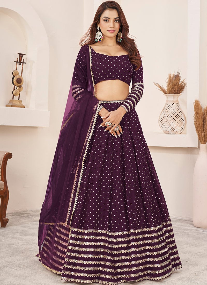 Deep Wine Georgette Zari Embroidered Sequins Beautiful Lehenga Wedding Wear