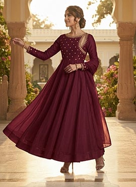 Deep Wine Maroon Zari Beads Embroidered Silk Anarkali Suit