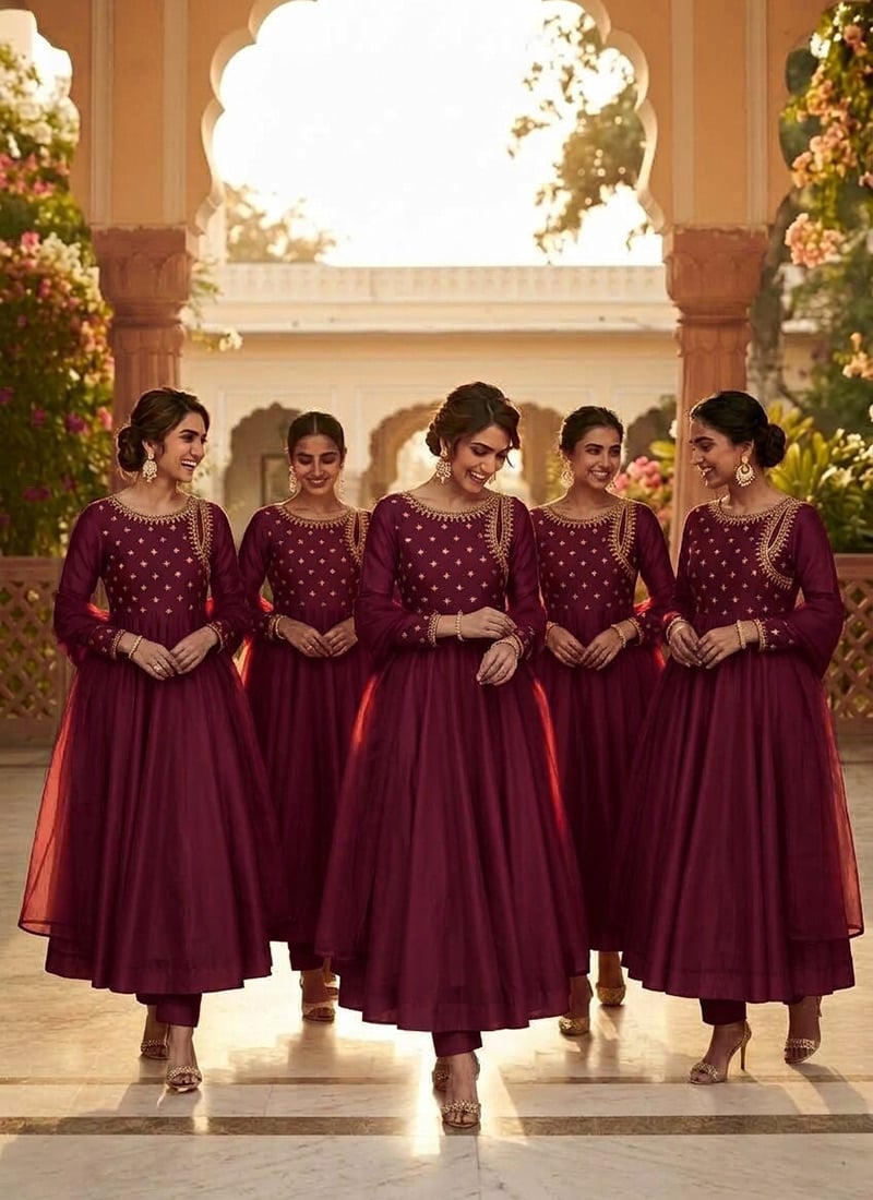 Deep Wine Maroon Zari Beads Embroidered Silk Anarkali Suit Festive Wear