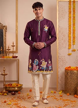 Deep Wine Silk Hand Embroidered Kurta Pyjama For Men