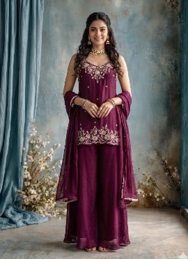 Deep Wine Silk Sequins Beads Embroidered Palazzo Suit