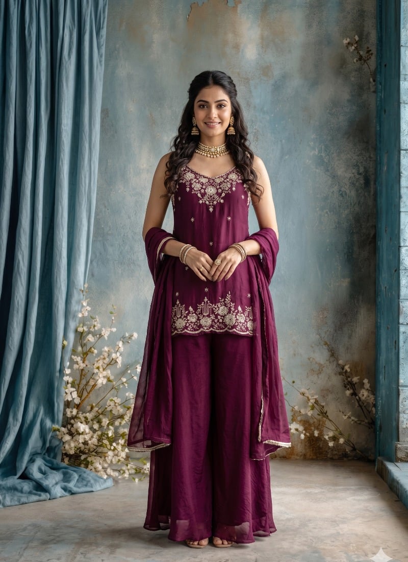 Deep Wine Silk Sequins Beads Embroidered Palazzo Suit After Six Wear