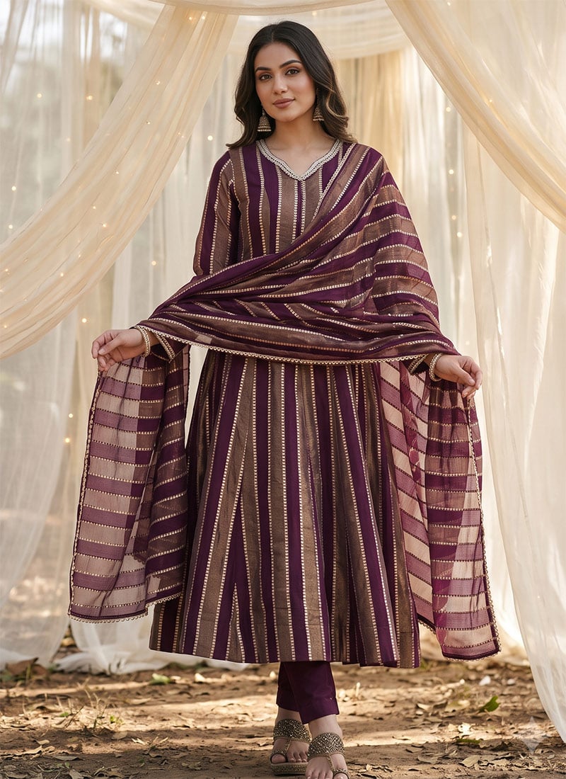 Deep Wine Viscose Jacquard Anarkali Suit Festive Wear