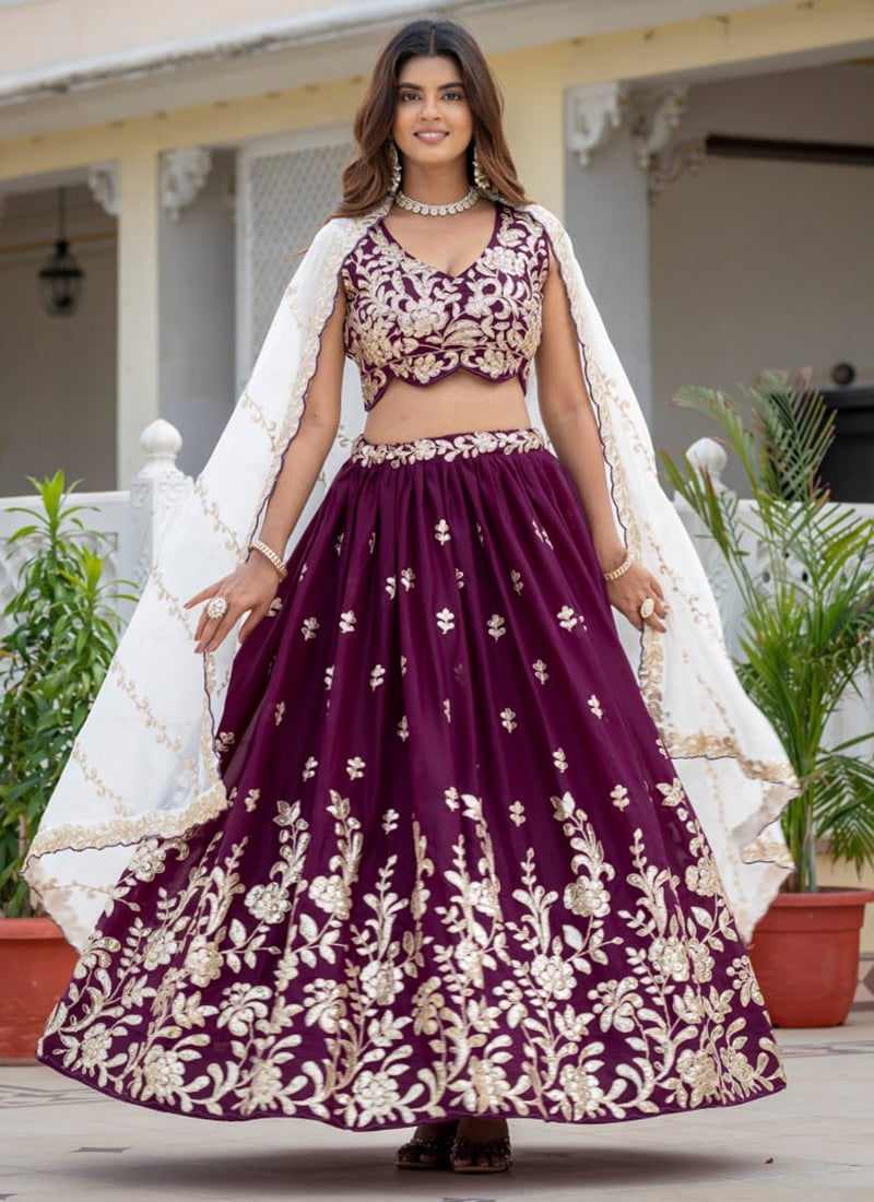 Deep Wine Zari Sequins Embroidered Georgette Lehenga Wedding Wear