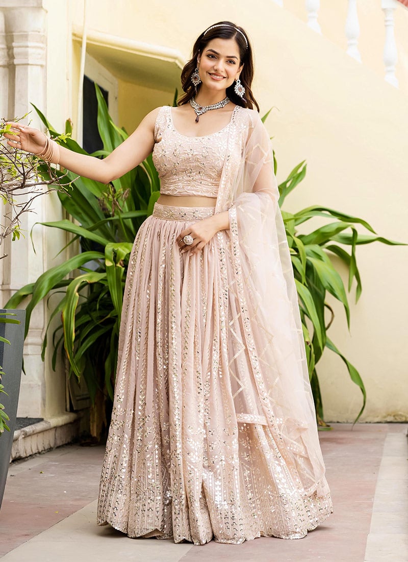 Delicate Baby Pink Faux Georgette Sequins Embroidered Umbrella Lehenga Wedding Wear