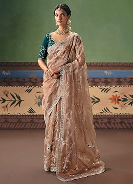 Delicate Beige Art Silk Embroidered Sequins Stones Beads Saree