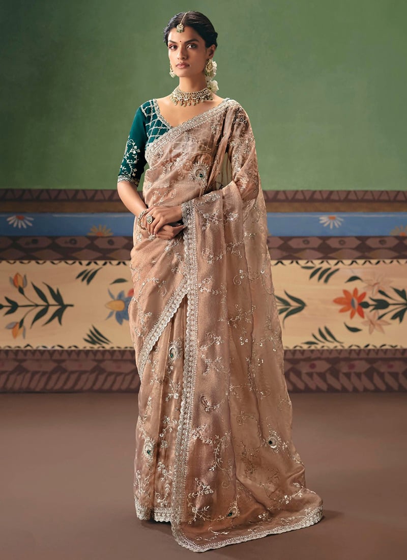 Delicate Beige Art Silk Embroidered Sequins Stones Beads Saree Wedding Wear